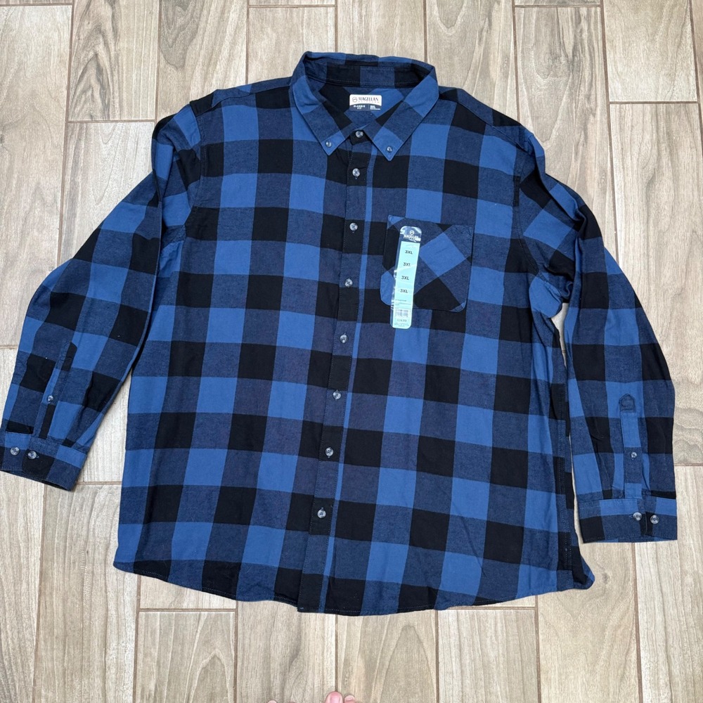 Magellan Outdoors Canyon‎ Creek Flannel Shirt 3XL Blue Black Buffalo Plaid NWT